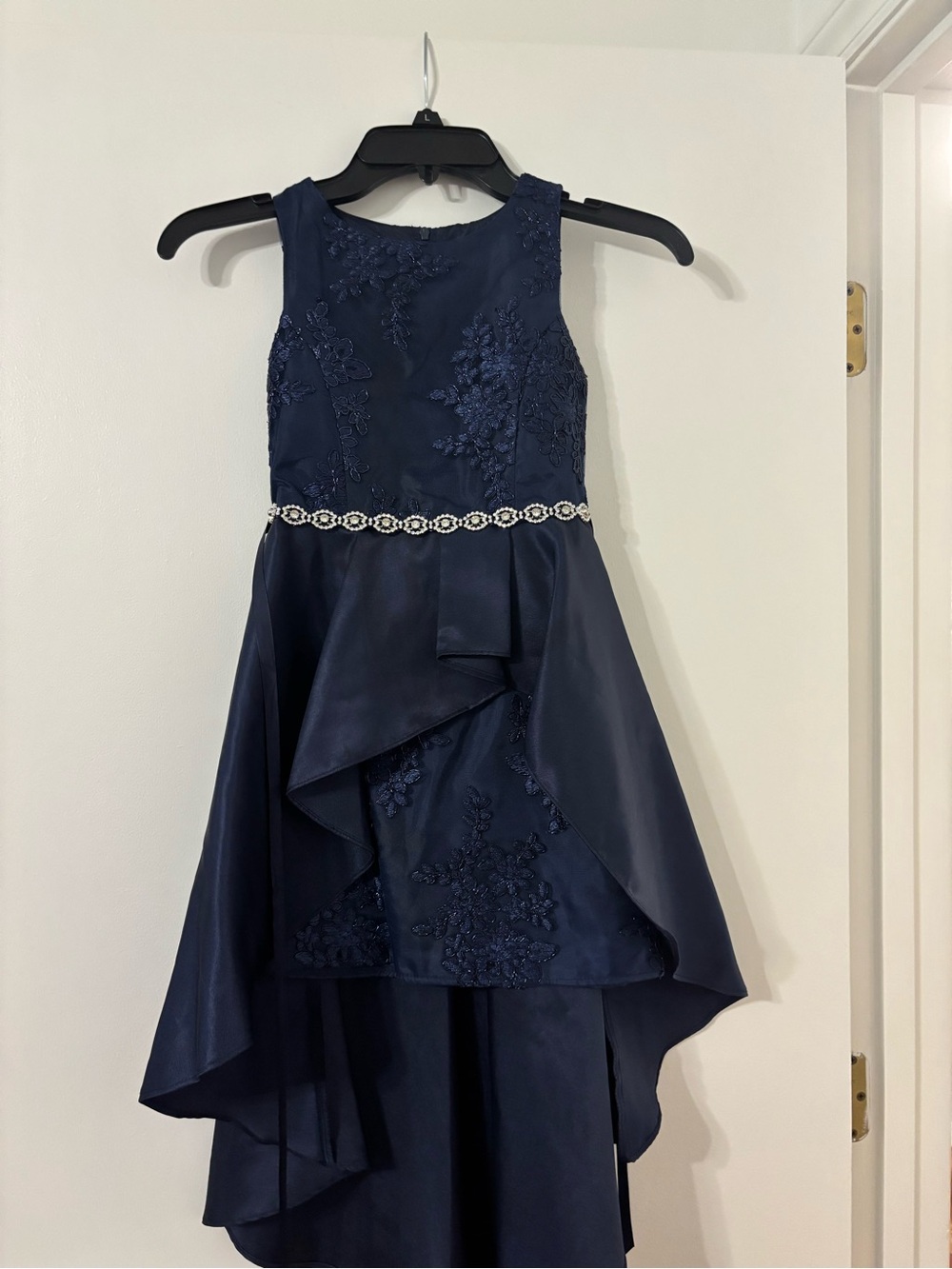 Rare EditionsNavy Embroidered High-Low Flower Girl Dress with Beaded Waist